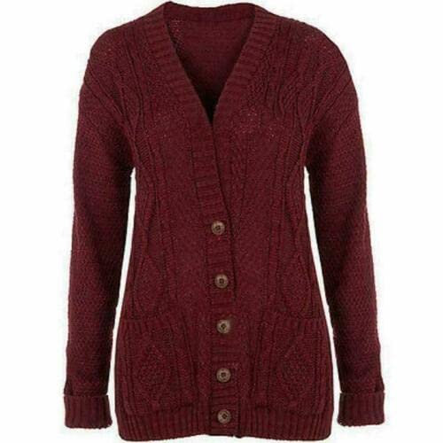 AJFASHION Cardigans for Women UK Plus Size with Pockets Ladies Jumpers Long Sleeve Cable Knit Chunky Pockets V Neck Sweater Jumpers Top (UK, Numeric, 12, 14, Regular, Regular, Wine)