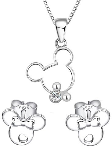 Kaguyo Schmucksets für Damen – Halskette mit Mickey-Mouse-Anhänger aus Sterlingsilber mit klarem Zirkonia und Minnie-Mouse-Ohrsteckern – Schmuckset für Damen und Mädchen – Geburtstagsgeschenk