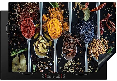 KitchenYeah© Herdabdeckplatte Induktion Schutzmatte Küche Herdabdeckung Ceranfeld Induktionsmatte Cerankochfeld Abdeckung Kräuter - Löffel - Gewürze - Schwarz - Lebensmittel - 80x52 cm