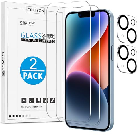OMOTON für iPhone 14 Panzer Schutz Glas, kompatibel mit iPhone 14 Kamera Schutzfolie, 2+2 Stück, Einfache Installation, Anti- Kratzer, Bläschenfrei, 9H Härte, HD-Klar