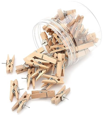 KOMUNJ 50 Pcs Wooden Clip Thumbtack Push Pins With Wooden Clips for Wall Cork Boards, Paper Notes, Photos, Projects, Decorative Crafts and Drawing (50-WOOD)