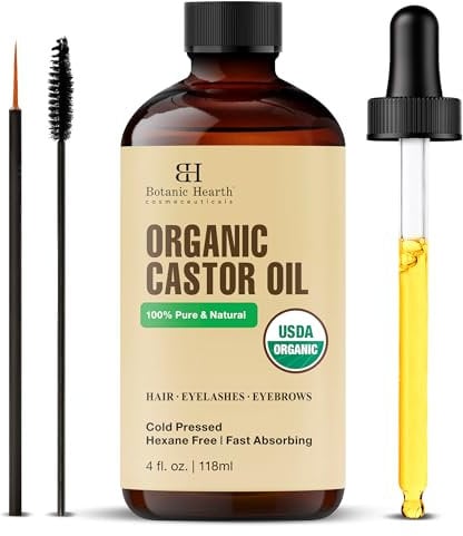 Botanic Hearth Castor Oil | USDA Certified Organic |100% Pure & Hexane Free | Cold Pressed | Growth for Eyelashes, Eyebrows, Hair | With Eyebrow & Eyelash Brush | 4fl oz