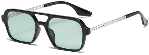 JCTAIFOO Vintage 70s Quadratische flache Piloten-Sonnenbrille für Herren Damen Trendy Retro Rectangle Small Shades Cool Niedliche Mode Brille Schwarz-Silber/Grün