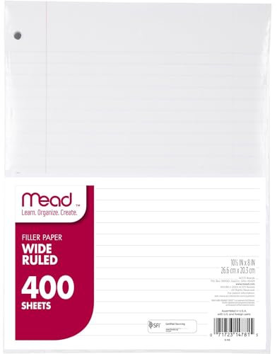Mead Loseblattpapier, Füllpapier, breit liniert, 400 Blatt, 26,7 x 20,3 cm, 3-fach gelocht, 1 Packung (150036-ECM)