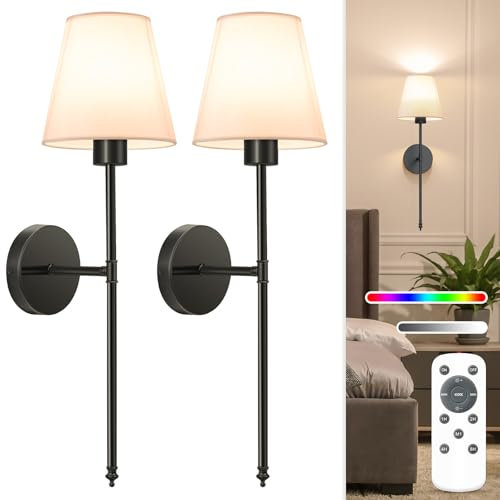 NIORSUN 24 inch Battery Operated Wall Lights, Black Rechargeable Wall Lights Indoor with 5200mAh Dimmable Detachable Bulbs and Remote, 9 Colours Wireless Sconces for Bedroom Living Room Hallway