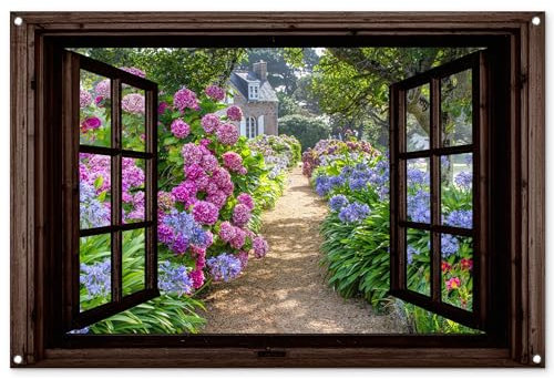 MuchoWow© Gartenposter Groß 120x80 cm XXL Outdoor Bilder Gartendeko für draußen Wetterfest Garten Terrassen Sichtschutz Deko Banner Draußen Bild Hortensie - Fensterblick - Blumen - Natur