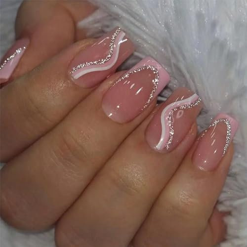 RYMAUP® 24 Stück rosa French-Tip-Nägel zum Aufdrücken, mittelgroße quadratische künstliche Nägel, rosa, weiß, wellig, silberfarbener Glitzer, Kleber auf den Nägeln, glänzende rosa Spitze