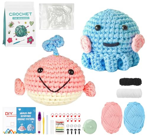 ilauke Häkelnadel Set für Anfänger, Tiere Häkeln Kinder Set, Komplettes Häkelset mit Häkel Zubehör Polyesterfaserfüllung Handnähnadel Stichmarkern, Anleitung für Erwachsene DIY (Oktopus und Wale)