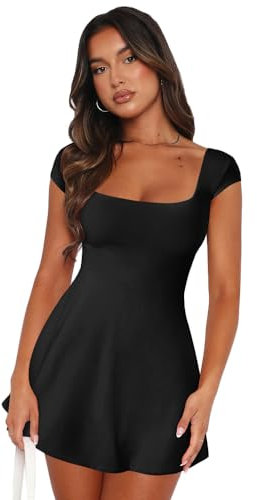 RPAEOY Vestito Donna Sexy Colletto Quadrato Senza Schienale Mini Abito Estivo Svasato Miniabito da Sera Aderente Party Cocktail Discoteca (Nero,M)
