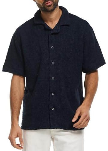 Indicode Herren INRaney Kurzarm-Hemd aus Baumwoll-Boucle | Herrenhemd Männerhemd Navy, M