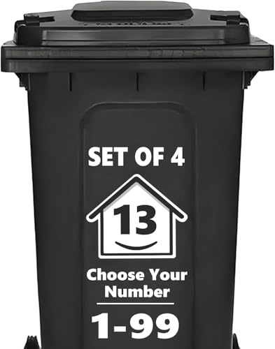 4 x Bin Numbers for Wheelie Bins, 1-99, 15cm ‘Happy House’ Design Dustbin Stickers, Easy Application Stick On Number Stickers - Weatherproof Self Adhesive Vinyl, Black (13)