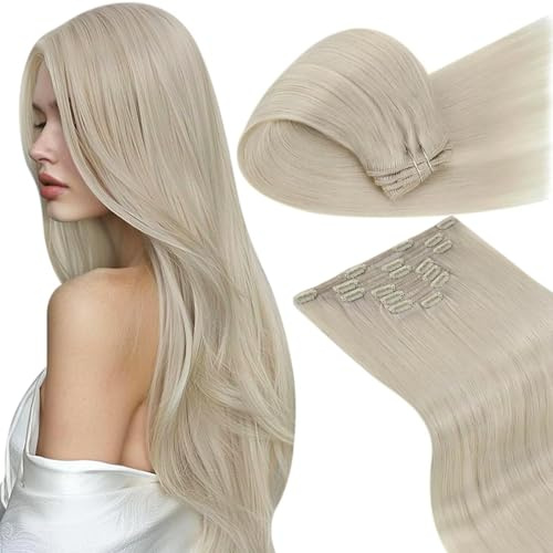 LaaVoo Clip Extensions Echthaar Blond Highlight Clips in Extensions Glatt Haarverlängerung Echthaar Clip in Extensions Weiches 135g 7Stück 40cm #60