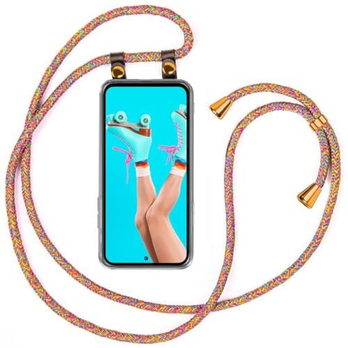 moex Handykette für Samsung Galaxy A35 5G Hülle mit Band abnehmbar, Handyhülle mit Kette zum Umhängen, Handyband 155 cm lang Stoff Kordel Umhängehülle, Handy Umhängeband, Rainbow