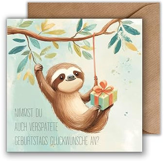 WBdesignz Geburtstag Karte mit Umschlag - Geburtstagskarte mit Spruch Faultier Glückwunsch Verspätet Vergessen Verpasst Nachträglich Alles Gute Happy Birthday (125 x 125 mm)