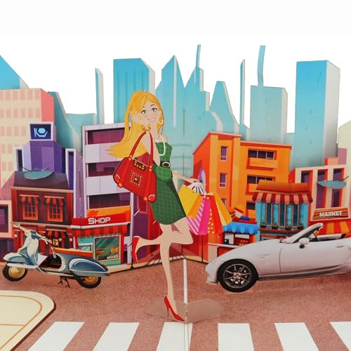 Favour Pop Up® - elegante 3D Grusskarte - Shopping Girl, perfekt zum Geburtstag, Urlaub, weitere Anlässe. Auch für Geldgeschenk oder Gutschein. XP934