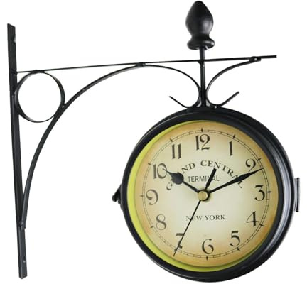 perfk Doppelseitige Bahnhofsuhr, Wandbehang mit dekorativer Wandhalterung Gartenuhr Wanduhr für Büro Schlafzimmer Wohnzimmer