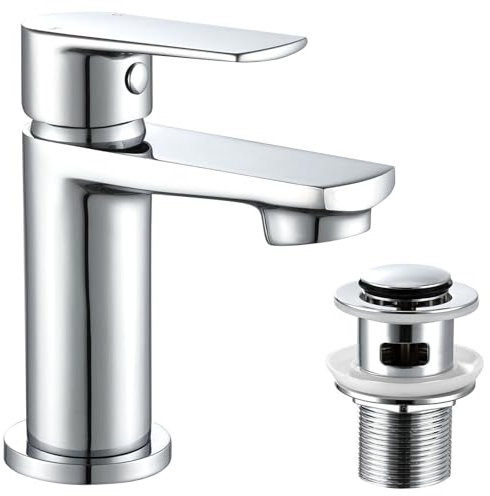 Robinet mitigeur de lavabo avec bonde de vidage pop-up - Robinet de lavabo moderne à levier unique en laiton chromé avec bonde