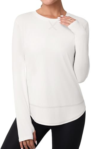 Terecey Sportshirt Damen Langarm Funktionsshirt Atmungsaktive Fitness Workout Yoga Top Leicht Locker Langarmshirt Laufshirt mit Daumenloch, Weiß XL