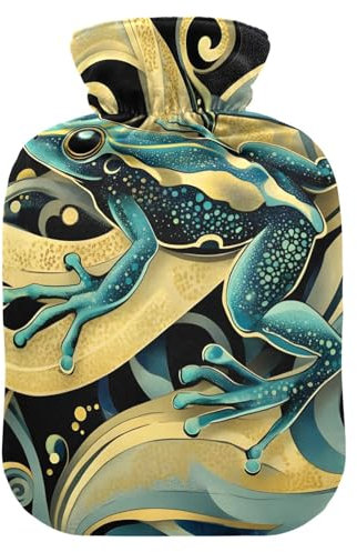 Wärmflasche Frosch Gold mit Samtbezug, Wärmbeutel zur Schmerzlinderung, 2 Liter