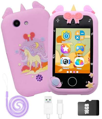 3T6B Kinder Handy Smartphone, Kinder Kamera, 2.8 Touchscreen MP3 Player mit Dual-Kamera Spiele Wecker Geschichtenerzählen, Einhorn-Geschenkspielzeug für ab 3 4 5 6 7 8 Jahre mit 16GB SD Karte