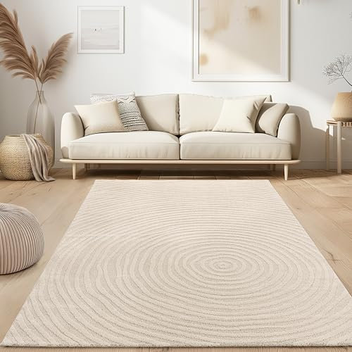 Paco Home Moderner Wohnzimmer Teppich Kurzflor Skandinavisch Japandi Stil Panglao Einfarbig Hoch-Tief-Effekt Abstraktes Muster 3D Effekt weicher Flor Creme, Grösse:80x150 cm