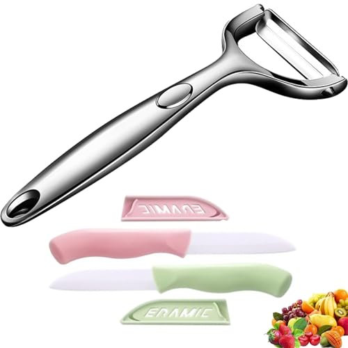 PELADOR PATATAS de Acero Inoxidable + 2 x CUCHILLO CERAMICA con Funda | Pelador de Patatas Afilado, Resistente y Multifuncional | Pelador Verduras | Pelapatatas | Cuchillos Cerámica Resistentes