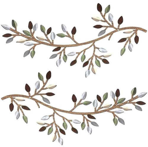 PRATYAHARA Metal Tree Leaf Wall Decor, 2 Pieces Olive Branch Leaf Wall Art Vine, Wrought Iron Sculptures, Hanging Panel, A