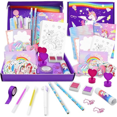 YTACREA Einhorn Schreibwaren Set, Tagebuch Mädchen Geschenke 6 7 8 9 10 11 12 Jahre, Tagebuch Teenager Mädchen mit Aufbewahrungskoffer, Briefschreib und Bastelset, Geburtstagsgeschenk