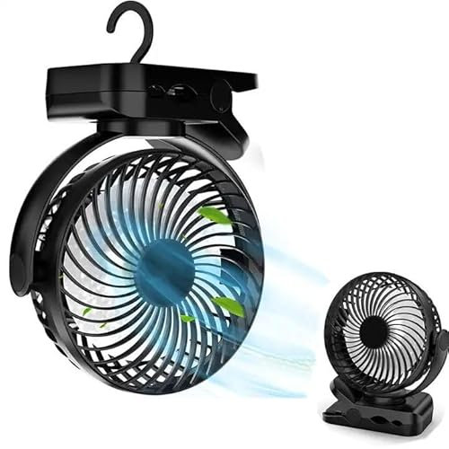 AngLink Clip-On Campingventilator mit LED-Lichtern, 5000mAh wiederaufladbare Batterie, USB Mini-Lüfter für Kinderwagen, Outdoor, Reisen, Wandern, Zelt, Büro – 3 Geschwindigkeiten, tragbar und leise