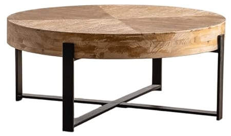 Wohnzimmertische Rund Wabi-Sabi-Stil Massivholz Couchtisch mit Stabilem Eisenfuß Stubentisch Abgerundete Ecken Stabile Tragfähigkeit für Wohnzimmer, Balkon und Büro