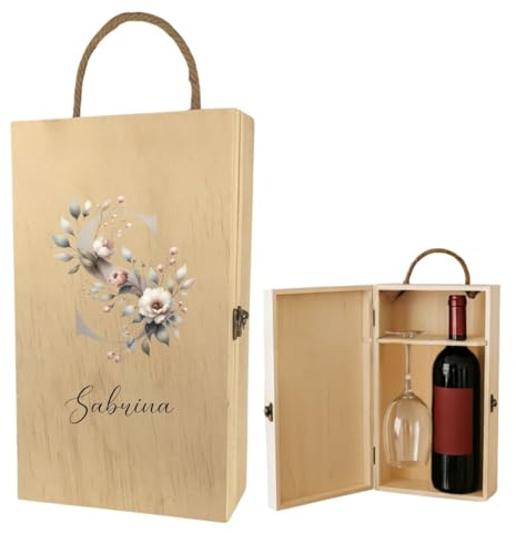 AWASG Scatola per vino in legno personalizzata, confezione regalo, bottiglia di vino con nome, regalo personalizzato, compleanno, Natale, iniziale floreale, confezione da 2 pezzi, con bicchiere da