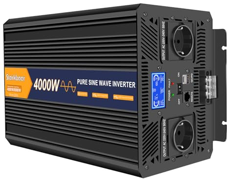Starkbaer 4000W/8000W Wechselrichter 12v auf 230v Reiner Sinus Spannungswandler KFZ Konverter mit LCD,Fernbedienung,2 EU AC Steckdosen,1 USB-C und 1 USB Anschlüsse für Wohnmobil, LKW, Boot, Camping