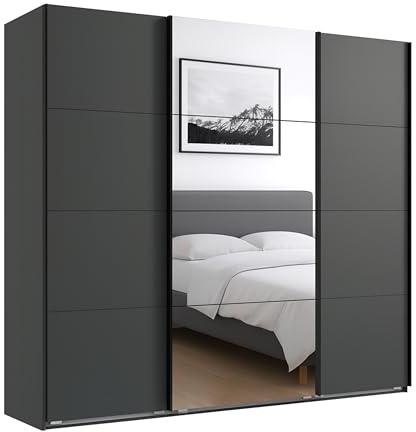 Geräumiger Schwebetürenschrank Kleiderschrank 3-türig B225/H208/T64 cm in Grafit, mittlere Tür mit Spiegel, inkl. einer Kleiderstange, 4 Einlegeböden und 2 Stoffboxen / 22519