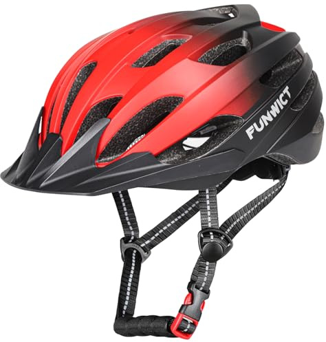 FUNWICT Fahrradhelm für Herren und Damen, Verstellbarer MTB Rennradhelm mit Abnehmbarer Sonnenblende für Radfahren und Mountainbiken (Schwarz Rot, L: 57-61 cm)