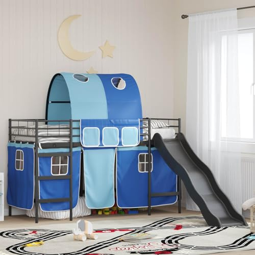 Ordellia Kinder Hochbett Rahmen, Schwarz/Blau, mit Rutsche, Vorhängen, Bogen-Design, Stahl, 90x190cm, platzsparend, für Abenteuer