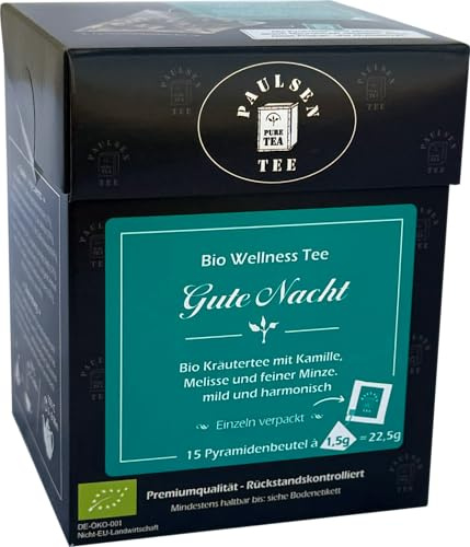 Bio Gute Nacht 15 x 1,5g, einzeln kuvertiert, Paulsen Tee Kräutertee im Pyramidenbeutel - Bio, rückstandskontrolliert & zertifiziert