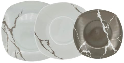 Omniacasa Service d'assiettes 25 pièces en porcelaine marbrée blanc taupe, 12 assiettes plates 25 cm, 6 fonds 21,5 cm, 6 desserts 20 cm, 1 saladier, set table design lave-vaisselle micro-ondes