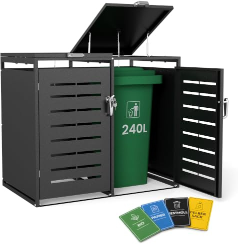 Mülltonnenbox 2er 240L für 2 Tonnen, verzinkter Stahl, Outdoor Anthrazit | Für 2 x 240L Tonnen, verzinkter Stahl, Gasdruckfedern, Deckel-Seilzug, Lüftungsschlitze und Mülltrennungs-Aufkleber.