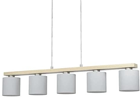 EGLO Pendelleuchte Castralvo, 5 flammige Hängelampe, Elegant, Hängeleuchte aus Stahl in Nickel-Matt, Holz in Braun und Textil in Weiß, Esstischlampe, Wohnzimmerlampe hängend mit E27 Fassung