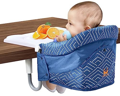 MTWML Hook On High Chair with Tray,Portable Baby High Chair that Attaches to Table,Clip On Fast Table High Chair for Babies and Toddlers.Baby Feeding Seat for Dining Table and Counter(Stripe-Blue)