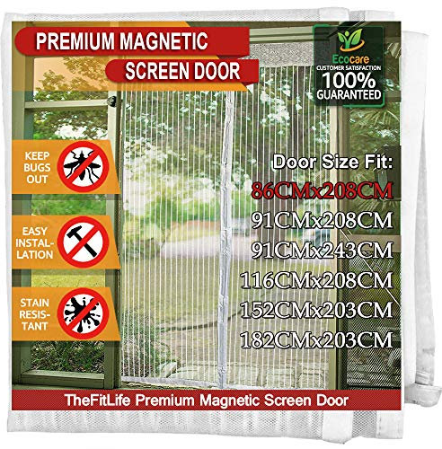 TheFitLife Magnetic Fly Screens for Doors - Heavy Duty Mesh Curtain with Full Frame Hook and Loop Powerful Magnets That Snap Shut Automatically