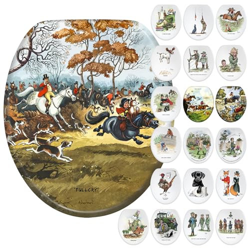 Fun Novelty Toilet Seat Soft Close,Top & Bottom Fixing, Printed On 3 Surfaces With Thelwell Equestrian Art. Traditional Country Lifestyle Fox & Hound, Horse Riding Home Gift Idea For Friends & Family.