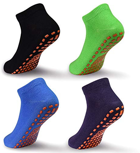 ELUTONG Rutschfeste Trampolinsocken für Kinder, 4 Paar Stoppersocken Baumwolle Sockens Atmungsaktiv und Weich für Jungen Mädchen EU 23-28(schwarz+dunkel lila+blau+grün)