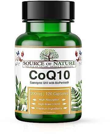 Source of Nature® Koenzym Q10 200mg - 120 Veganska Kapslar (4 Mån) | Naturligt Fermenterad Bioidentisk Ubikinon | Hög Styrka, 99% Ren | med BioPerine® Svartpepparextrakt