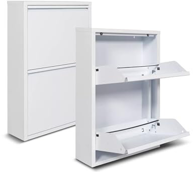 Metall-Schuhschrank 2-Türen - 50 x 15 x 71,5 cm - Platzsparendes und Stilvolles Schuhregal - Moderne Schuhschränke - Schuhaufbewahrung - Weiß