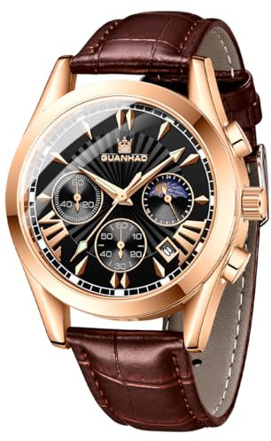 GUANHAO Fashion Uhr für Männer Lederband, wasserdicht Kalender Chronograph Leuchtend, Herrenuhren Lederband mit Edelstahlgehäuse, kratzfestes Glas Spiegel Quarzwerk