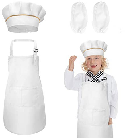 TSHAOUN Delantal Infantil Delantal para Niños + Gorro + Mangas De Cocinero Delantal Ajustable con 2 Bolsillos Disfraz Cocinero Niño para 5-12 Años Chico Chica Pintura y Hornear Cocinar (L, Blanco)