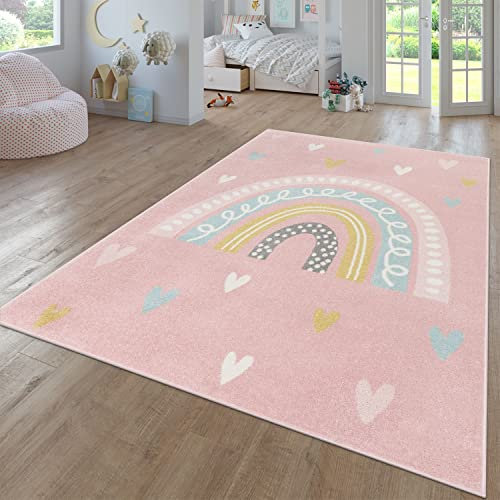 TT Home Tapis Chambre Enfant Bebe Fille Garcon Moderne Arc-en-Ciel Nuage Motif Animal Multicolore, Couleur:Pink Rose 2, Dimension:120x160 cm
