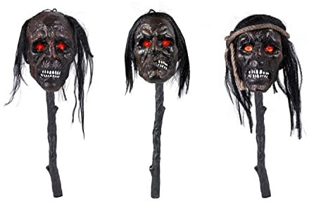 MIMIKRY Voodoo Zepter Großer Schrumpfkopf mit Haaren und Leuchtaugen auf Ast Trophäe Halloween Deko