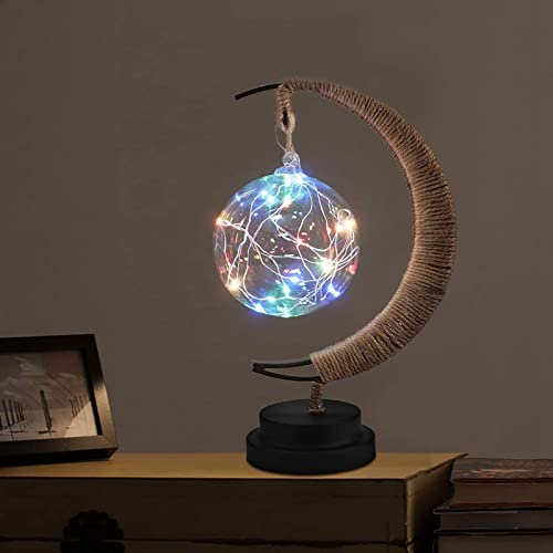 HFHungkeong LED Styling Lampe Eisen Nachtlicht 3D-magische Mondlampe LED Ramadan Lampe Stern und Mond Nachtlicht dekorative Lampe LED Tischlampe Heimdekorationslampe (Runde Kugel bunt)